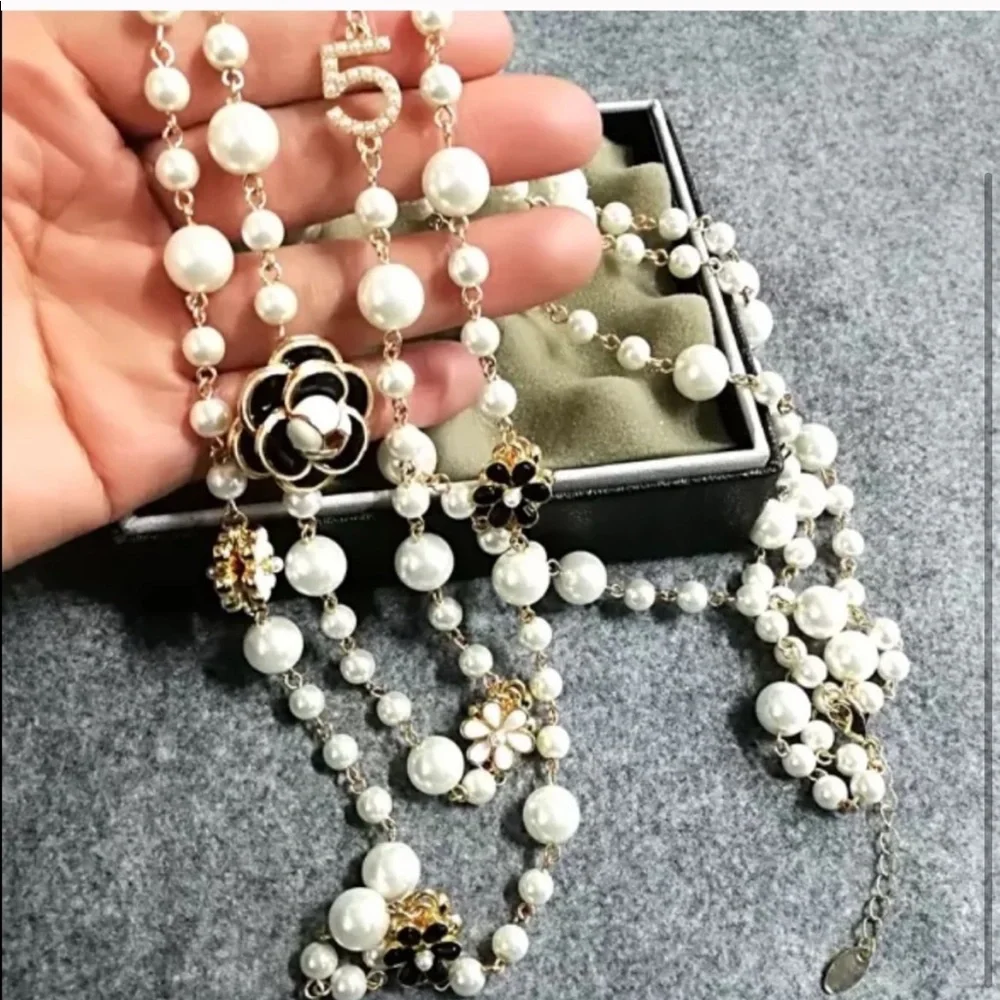 New Pearl Camellia Number5 Flower Double Long Necklace